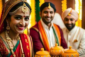 indian wedding couple smiling and holding a pot. AI-Generated photo