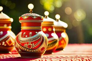 red and gold decorative vases on a red table. AI-Generated photo