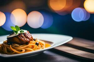 a plate of spaghetti with meat and cheese on a wooden table. AI-Generated photo