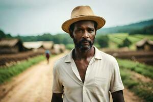 a man in a hat standing on a dirt road. AI-Generated photo