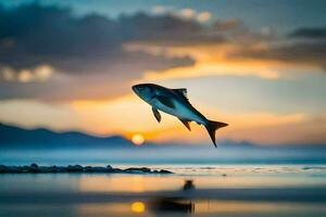 un pescado saltando fuera de el agua a puesta de sol. generado por ai foto