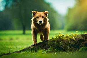 a lion standing on a rock in the middle of a field. AI-Generated photo