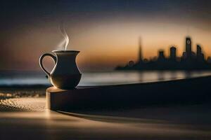 a coffee cup sitting on a table with a city in the background. AI-Generated photo