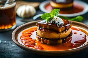 a plate of food with a dessert and a glass of wine. AI-Generated photo