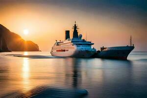 un grande barco en el Oceano a puesta de sol. generado por ai foto