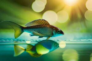 a fish swimming in the water with a bright light behind it. AI-Generated photo