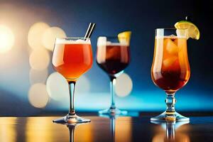 three different types of alcoholic drinks on a bar. AI-Generated photo