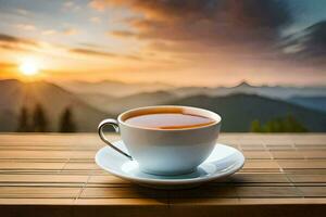 a cup of tea on a wooden table in the mountains. AI-Generated photo