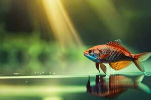 a fish is standing on the water with sunlight shining. AI-Generated photo