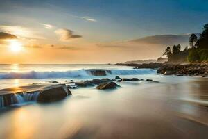a beautiful sunset over the ocean with waves crashing on the shore. AI-Generated photo