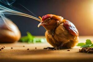 un pequeño pájaro con un fumar viniendo fuera de sus boca. generado por ai foto