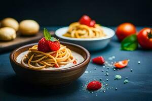 pasta with strawberries and tomatoes in a bowl. AI-Generated photo