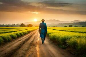 a man in a blue suit walks in a rice field at sunset. AI-Generated photo