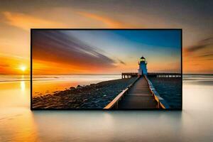 a large tv screen with a lighthouse at sunset. AI-Generated photo