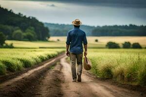 man walking down dirt road with hat and bag. AI-Generated photo