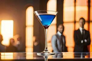 a blue cocktail in a martini glass on a table. AI-Generated photo