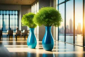 two blue vases with green plants in them. AI-Generated photo
