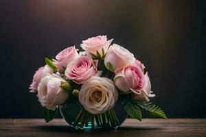 pink roses in a glass vase on a table. AI-Generated photo