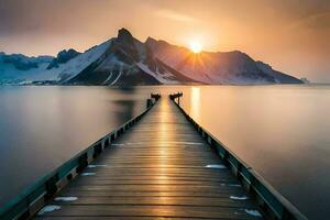 a long pier stretches into the ocean with mountains in the background. AI-Generated photo