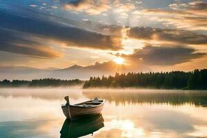 a boat on a lake at sunrise. AI-Generated photo