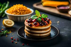 stack of pancakes with berries and corn. AI-Generated photo