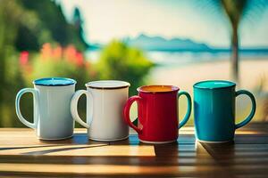 four colorful coffee mugs on a wooden table. AI-Generated photo