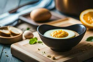 an egg in a bowl with an orange on a cutting board. AI-Generated photo