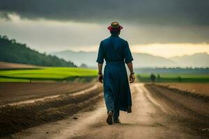 a man in a blue dress walks down a dirt road. AI-Generated photo