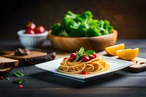 spaghetti with cherry tomatoes and basil on a wooden table. AI-Generated photo