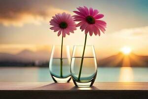 two pink flowers in glasses on a table with the sun setting behind them. AI-Generated photo