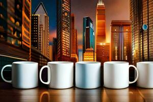 five coffee mugs lined up in front of a city skyline. AI-Generated photo