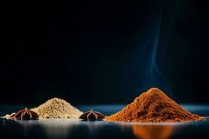 three different spices and spices on a black background. AI-Generated photo