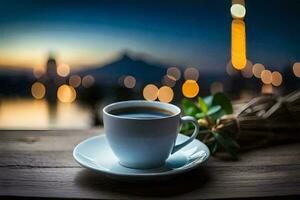 a cup of coffee on a wooden table with a city view. AI-Generated photo