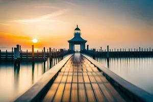 a pier with a lighthouse at sunset. AI-Generated photo