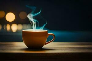 a cup of coffee on a table with a lit candle. AI-Generated photo