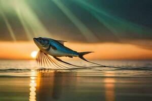 un pescado es volador en el aire a puesta de sol. generado por ai foto