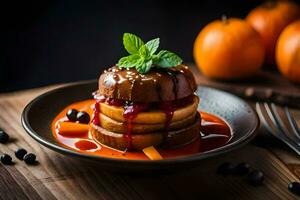 a plate with a stack of pancakes on top of a sauce. AI-Generated photo