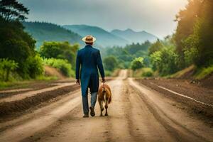 a man in a suit and hat walking his dog down a dirt road. AI-Generated photo