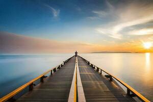 a long exposure photo of a pier at sunset. AI-Generated