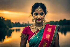 a beautiful indian woman in a sari standing by the water. AI-Generated photo