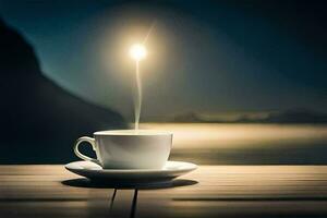 a cup of coffee on a table with a light shining from it. AI-Generated photo