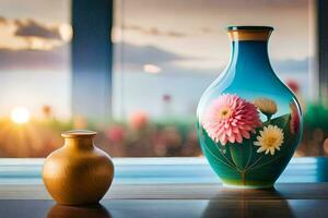 two vases with flowers on the table. AI-Generated photo