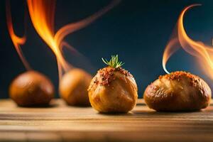 three roasted garlic bulbs on a wooden board with fire. AI-Generated photo