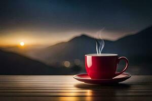 a cup of coffee on a wooden table in the mountains. AI-Generated photo