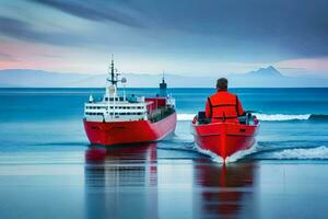 dos barcos en el Oceano con un hombre en un rojo chaqueta. generado por ai foto