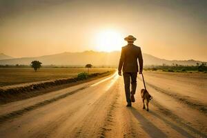 a man walking his dog on a dirt road at sunset. AI-Generated photo