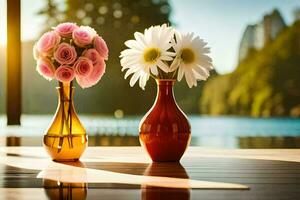 two vases with flowers sitting on a table. AI-Generated photo