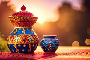 two colorful vases on a table with a sunset in the background. AI-Generated photo
