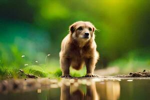 a dog standing on the edge of a pond. AI-Generated photo