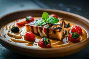 a plate of food with strawberries and a grilled fish. AI-Generated photo